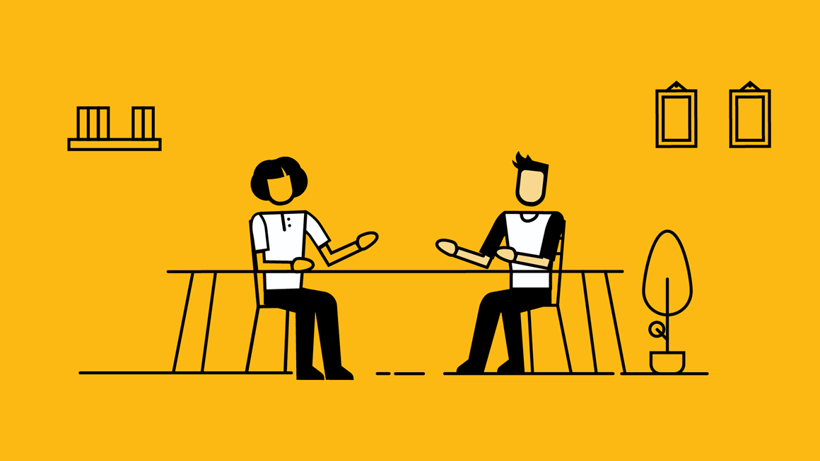 Graphic with a mustard colour background showing two people sitting at a table talking