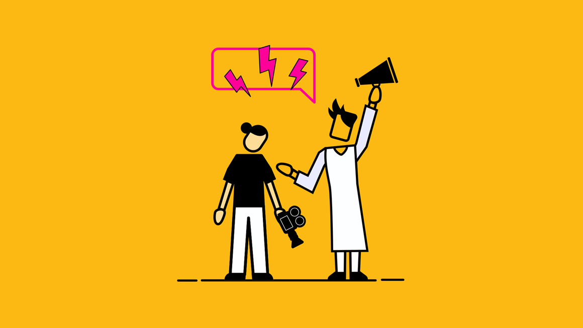 Mustard colour graphic with two animated people, one holding a camera and the other a megaphone