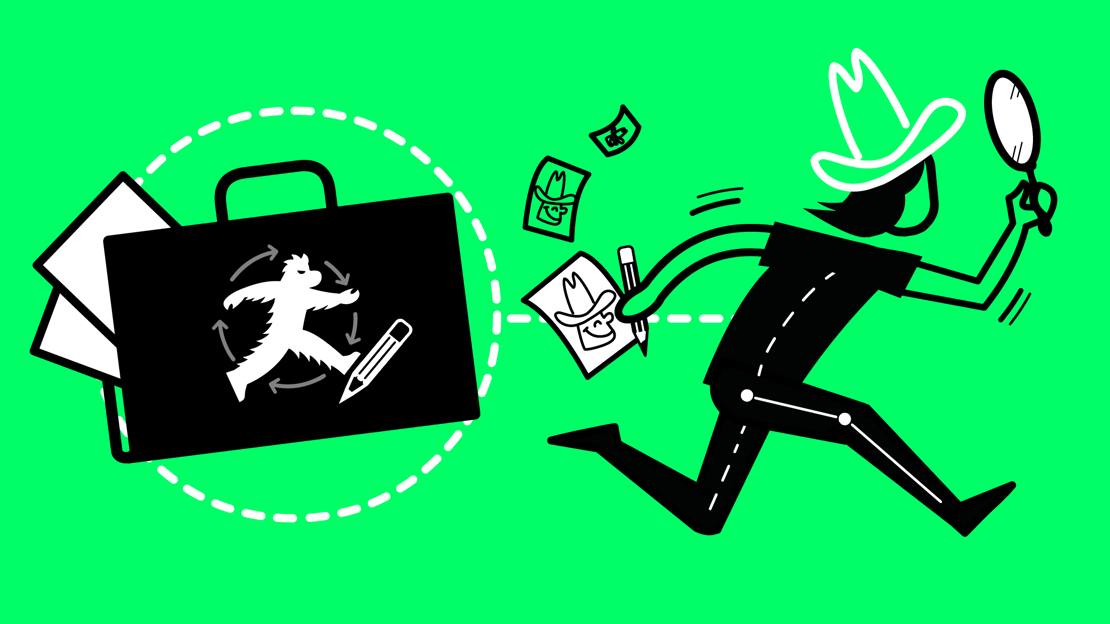 Icon showing an animator and a portfolio with an animated creature