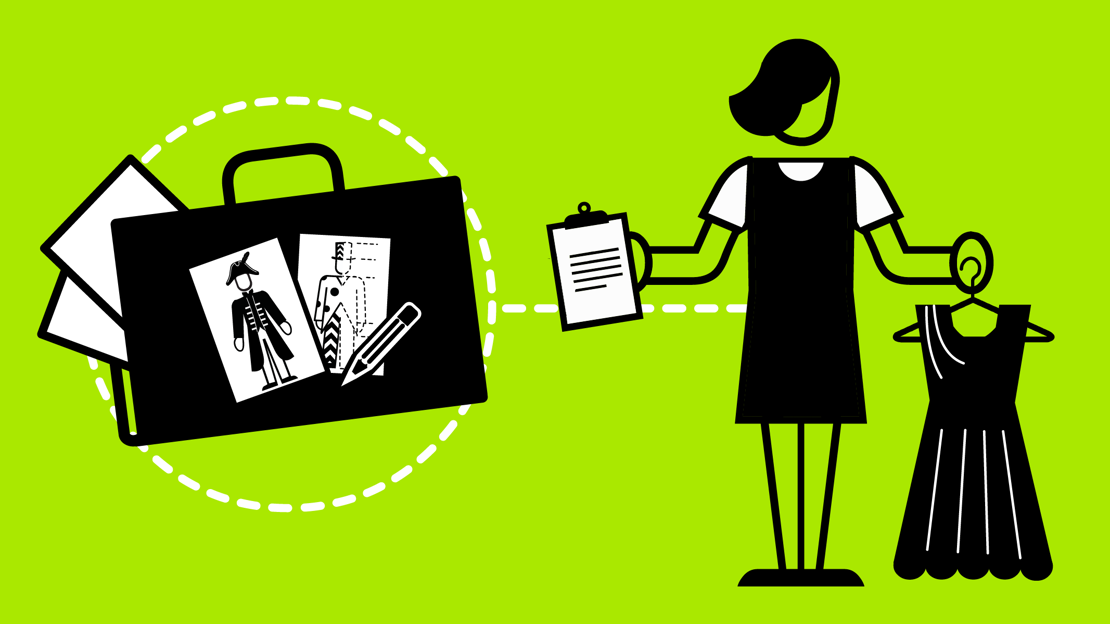 Icon showing a costume designer with a portfolio and two costumes