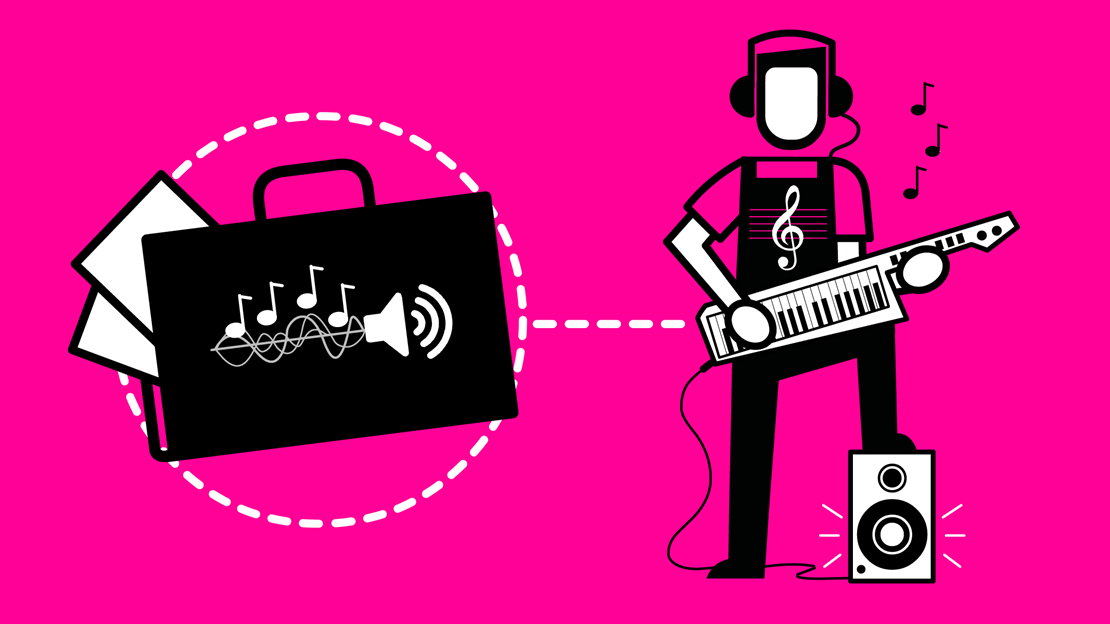 Icon showing a musician with an electric keyboard and a portfolio with sound waves