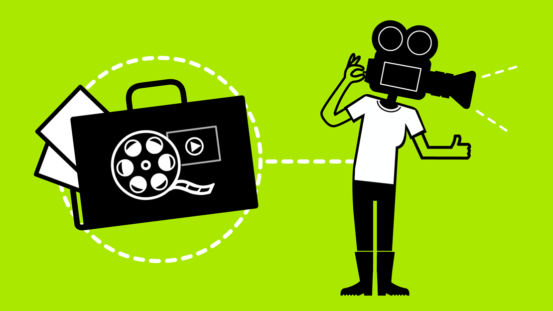 Icon showing camera operator with a portfolio and a film