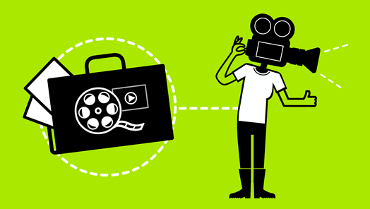 Icon showing camera operator with a portfolio and a film