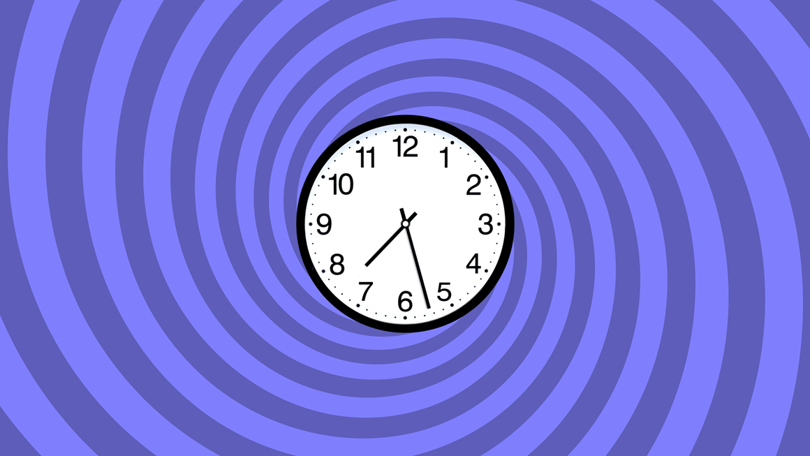 A graphic of round clock showing the time 7.37am with a purple swirly background