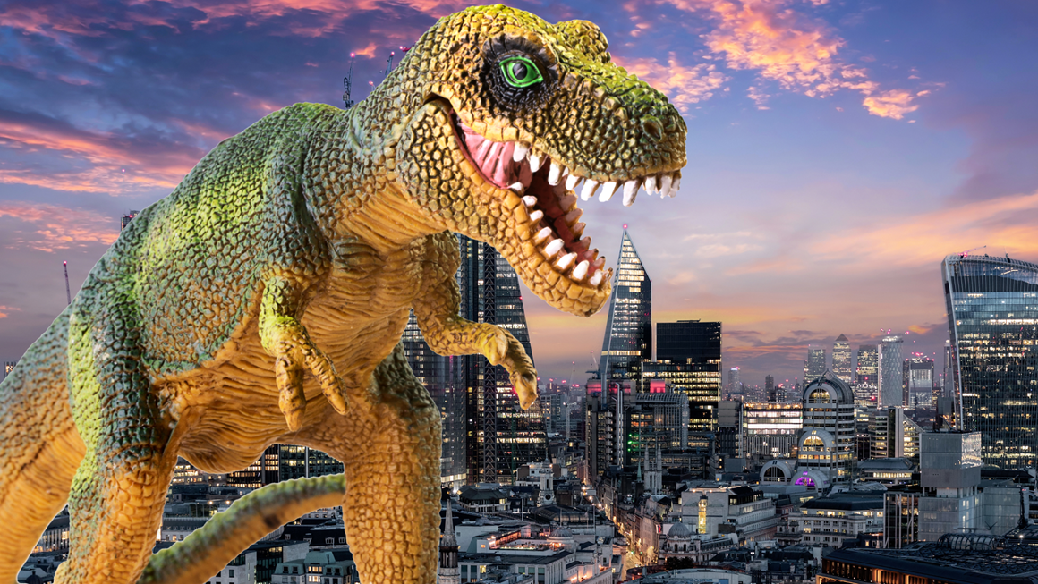 Graphic image of a large T-Rex dinosaur in front of a city skyline