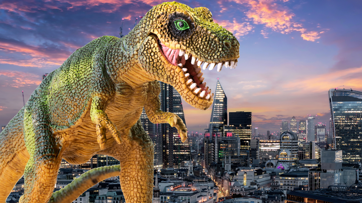 Graphic image of a large T-Rex dinosaur in front of a city skyline