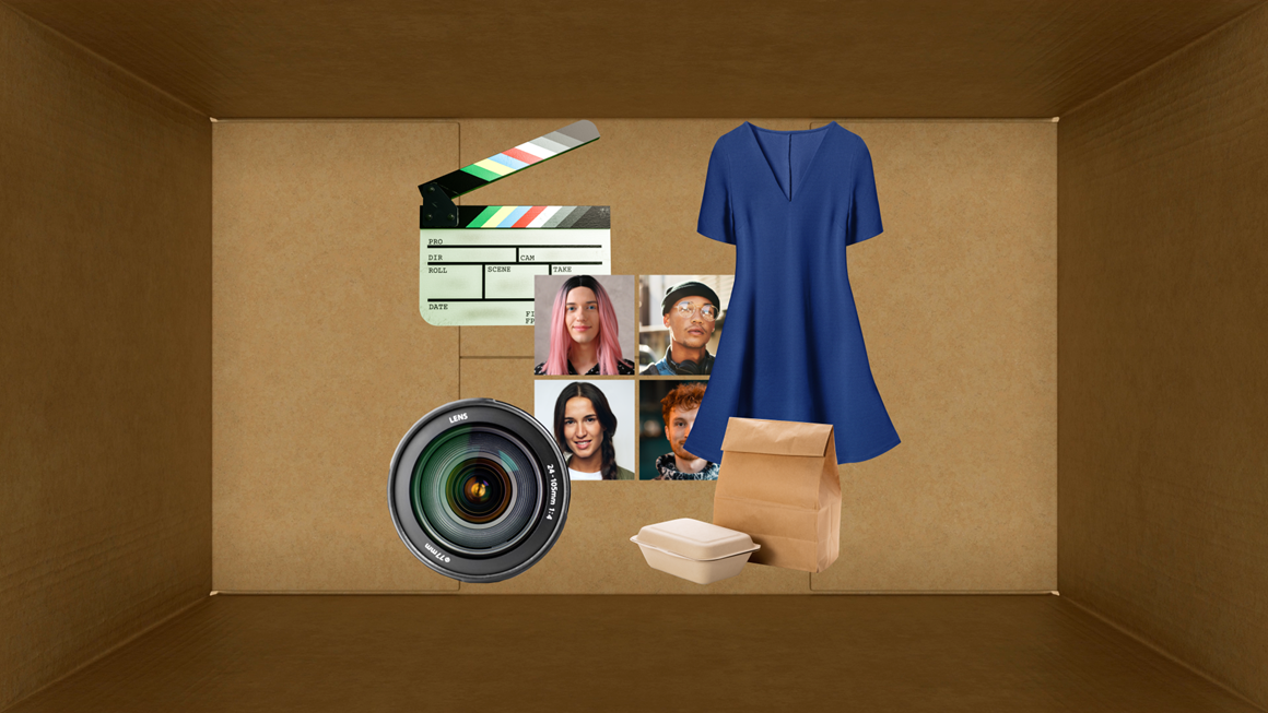Graphic of the inside of a box with images of a clapper board, a photo montage of four people's faces, a camera lens, a blue dress and a packed lunch