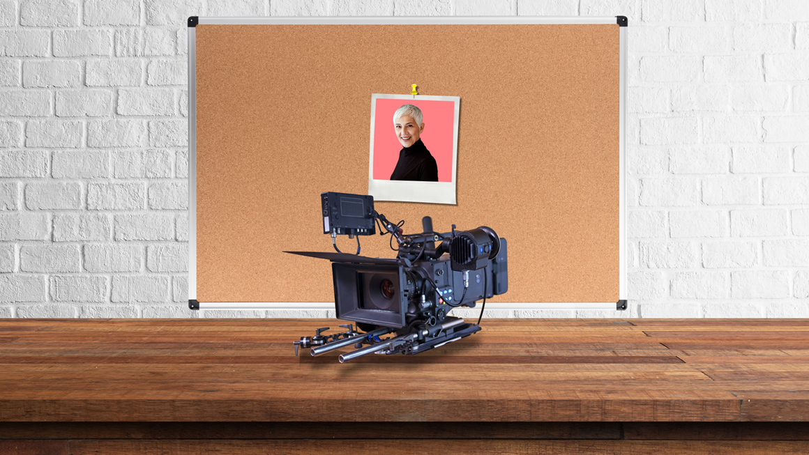 A graphic of a noticeboard with a polaroid picture of a woman pinned to it in front of a TV/film camera