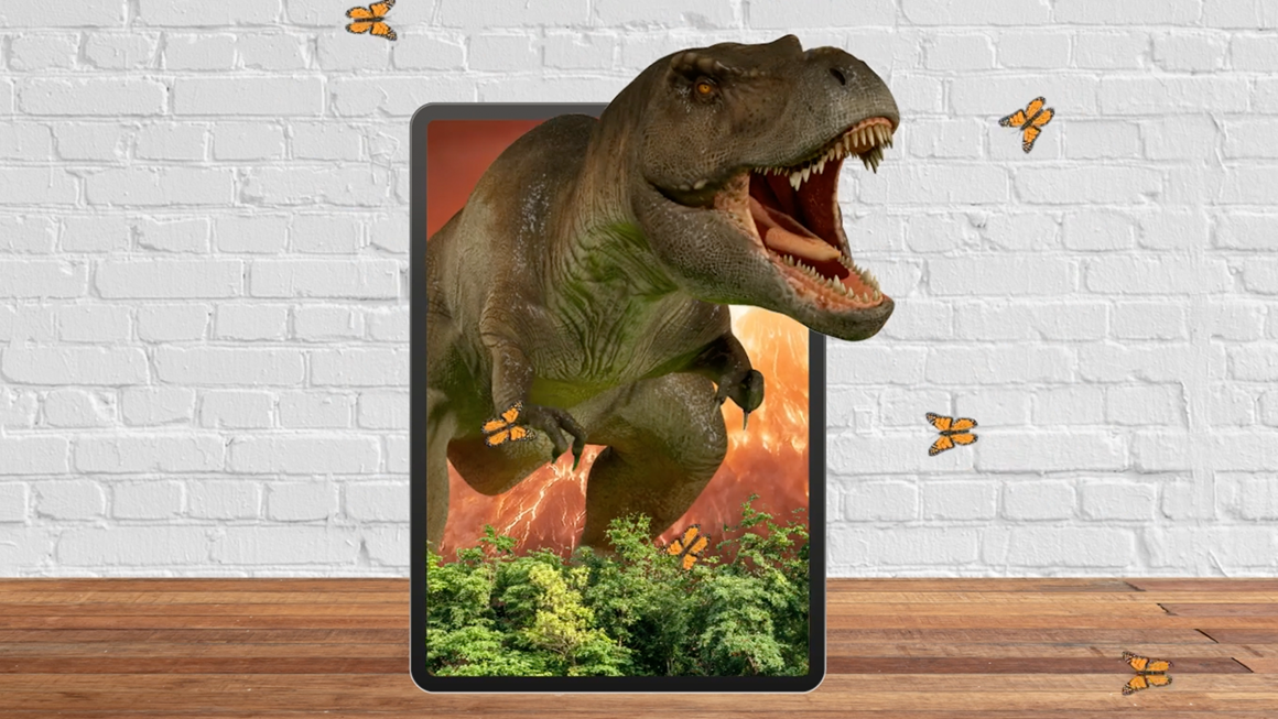 Graphic of a large T-Rex dinosaur bursting out of a mobile phone screen while chasing butterflies