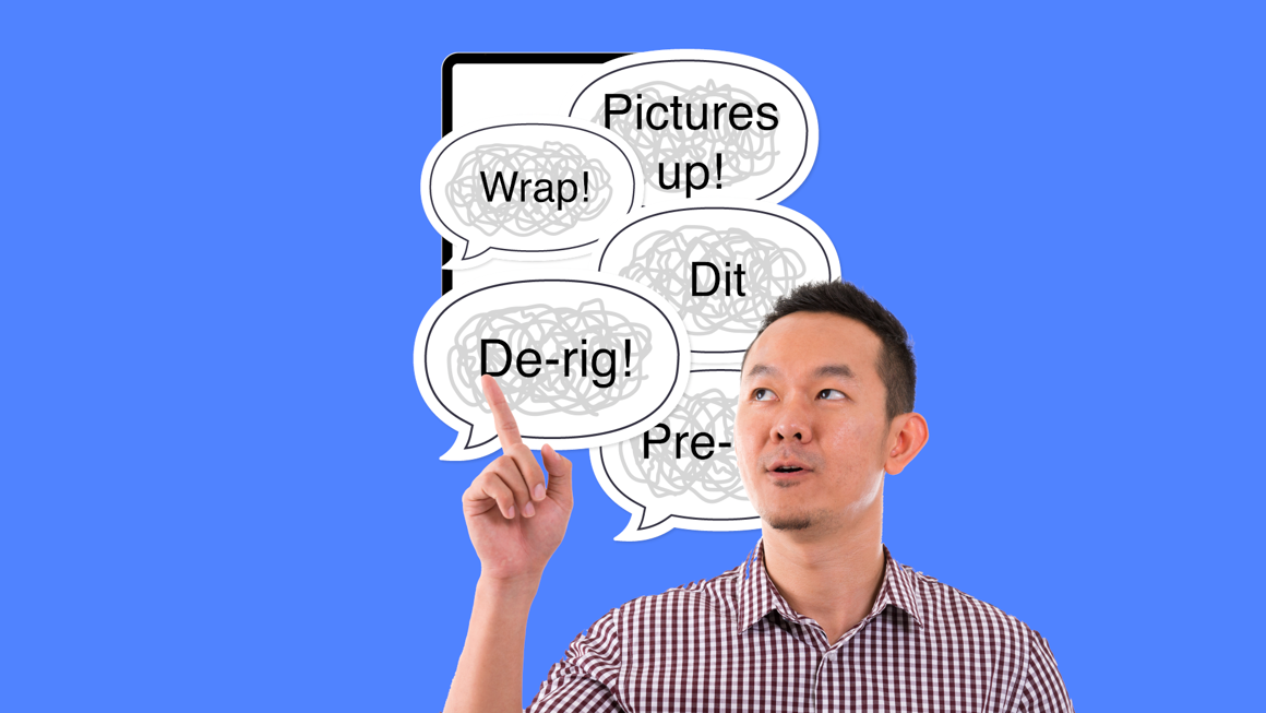 Graphic of a man looking up and pointing to speech bubbles above his head