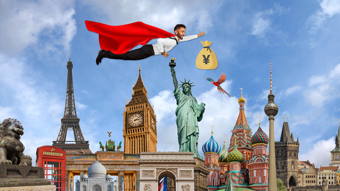 Graphic of a man in a cape holding a bag of money flying over a skyline made up of famous city landmarks from around the world