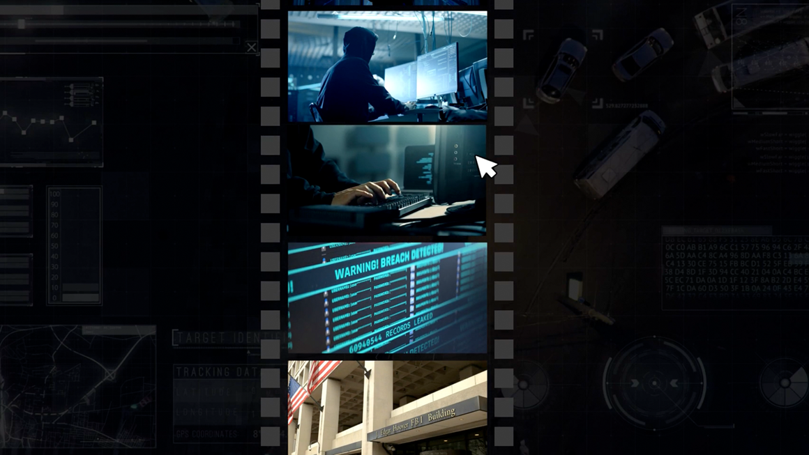 Composite image showing a dark image of the back of a man wearing a hoodie at a computer screen, hands on a keyboard typing, a warning message on a computer screen and the outside of a building with the American flag