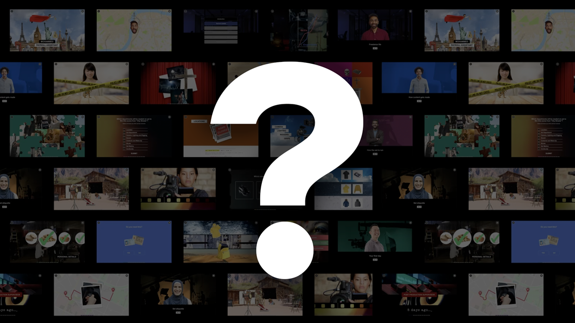 A composite image of various video frames as a background and a large question mark over the top