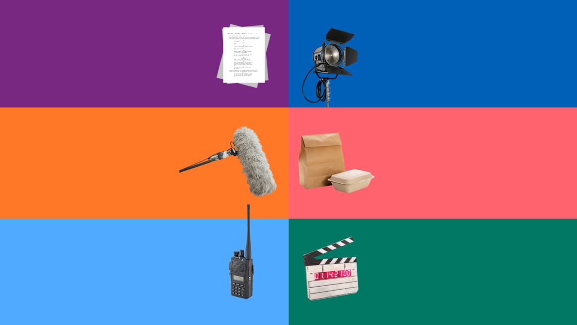 A graphic composite image showing a script, a light, a microphone, a packed lunch, a walkie talkie and a clapper board