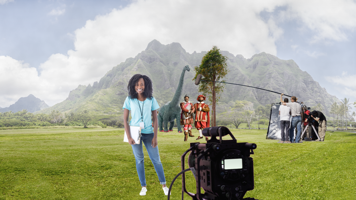 Graphic of a woman standing with a clipboard in front of a camera in a field with a mountain in the background, a dinosaur, two actors in costume and a production crew filming them