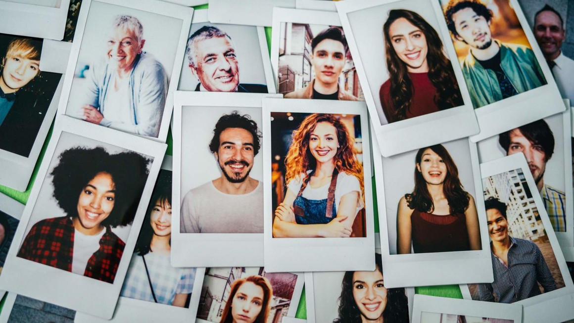 Montage of polaroid pictures of faces of men and women