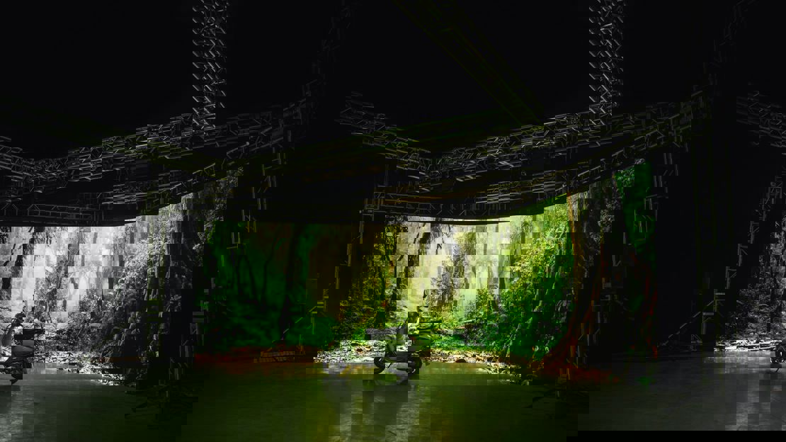 Vespa scooter in front of virtual production screen