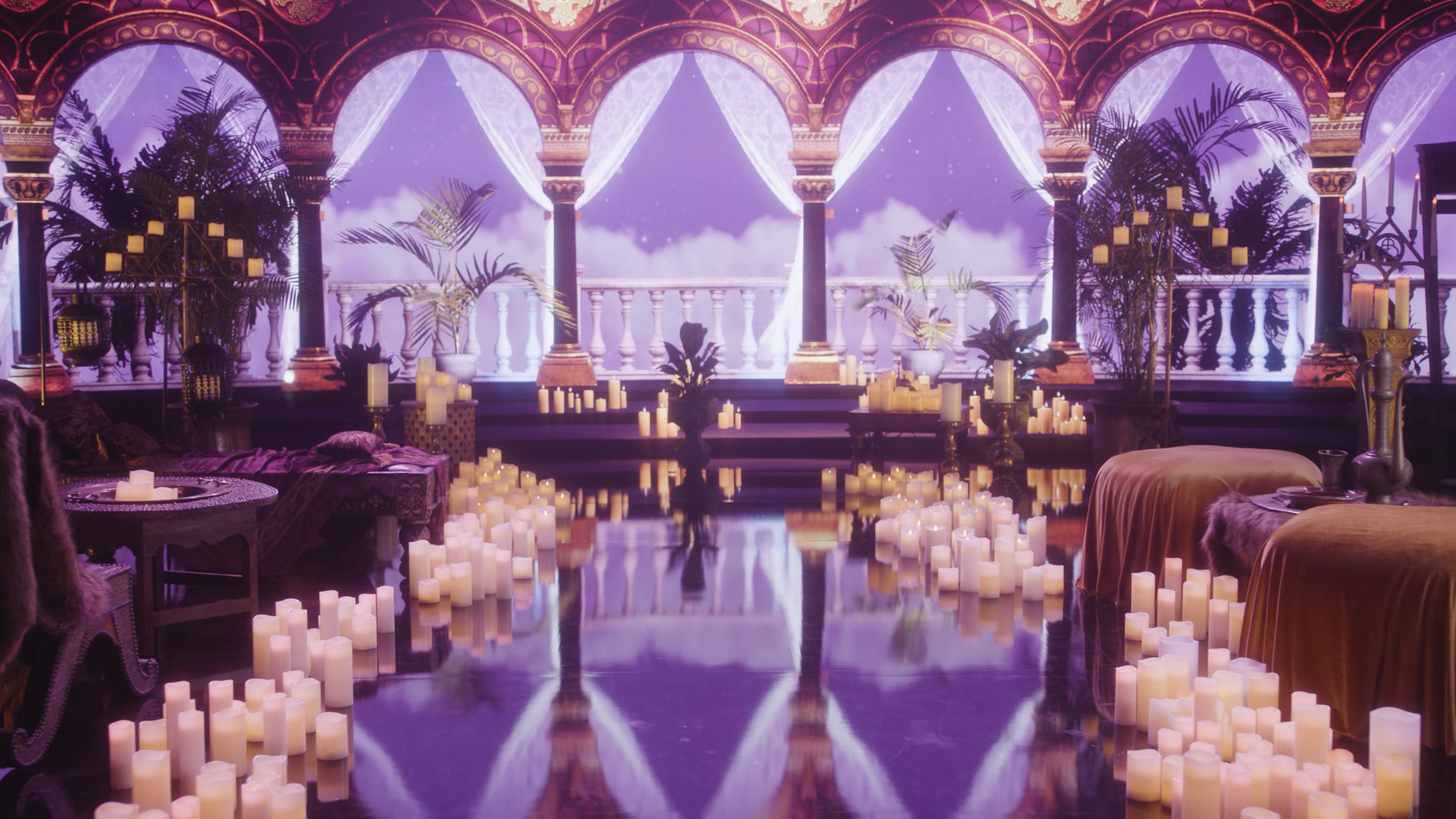 Virtual production screen showing a temple