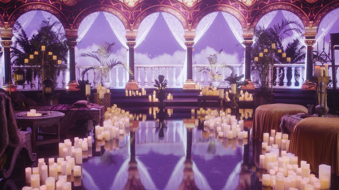 Virtual production screen showing a temple