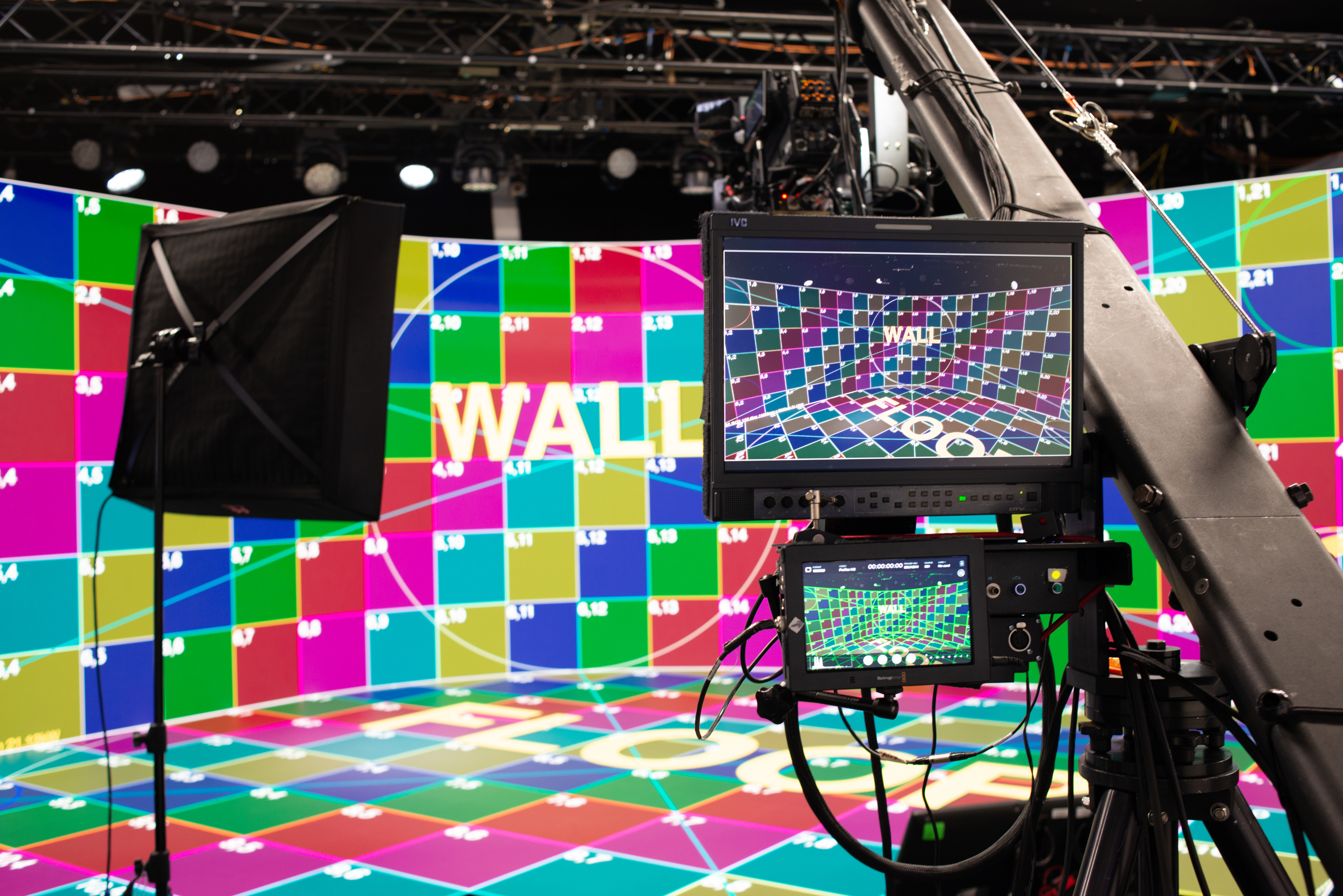 Virtual production screen showing shapes and colours