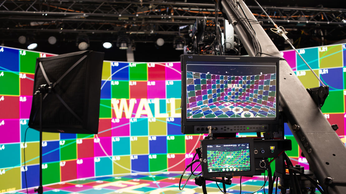 Virtual production screen showing shapes and colours