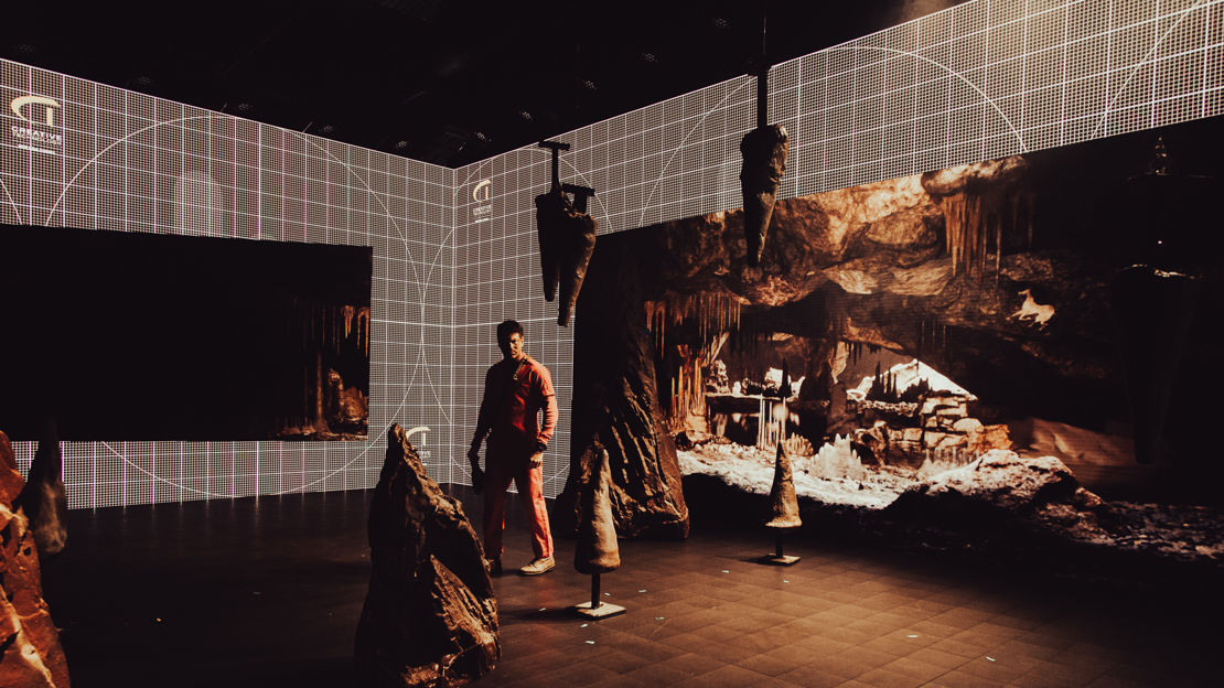 Virtual production set recreating a cave