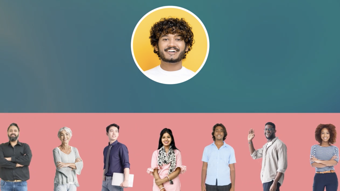 Graphic with portrait image of trainee on a blue background above standing shots of men and women on a pink background