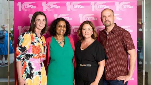 Christine Healy, Seetha Kumar, Kaye Elliott and Barry Ryan stand in front of the ScreenSkills High-end TV at 10 banner