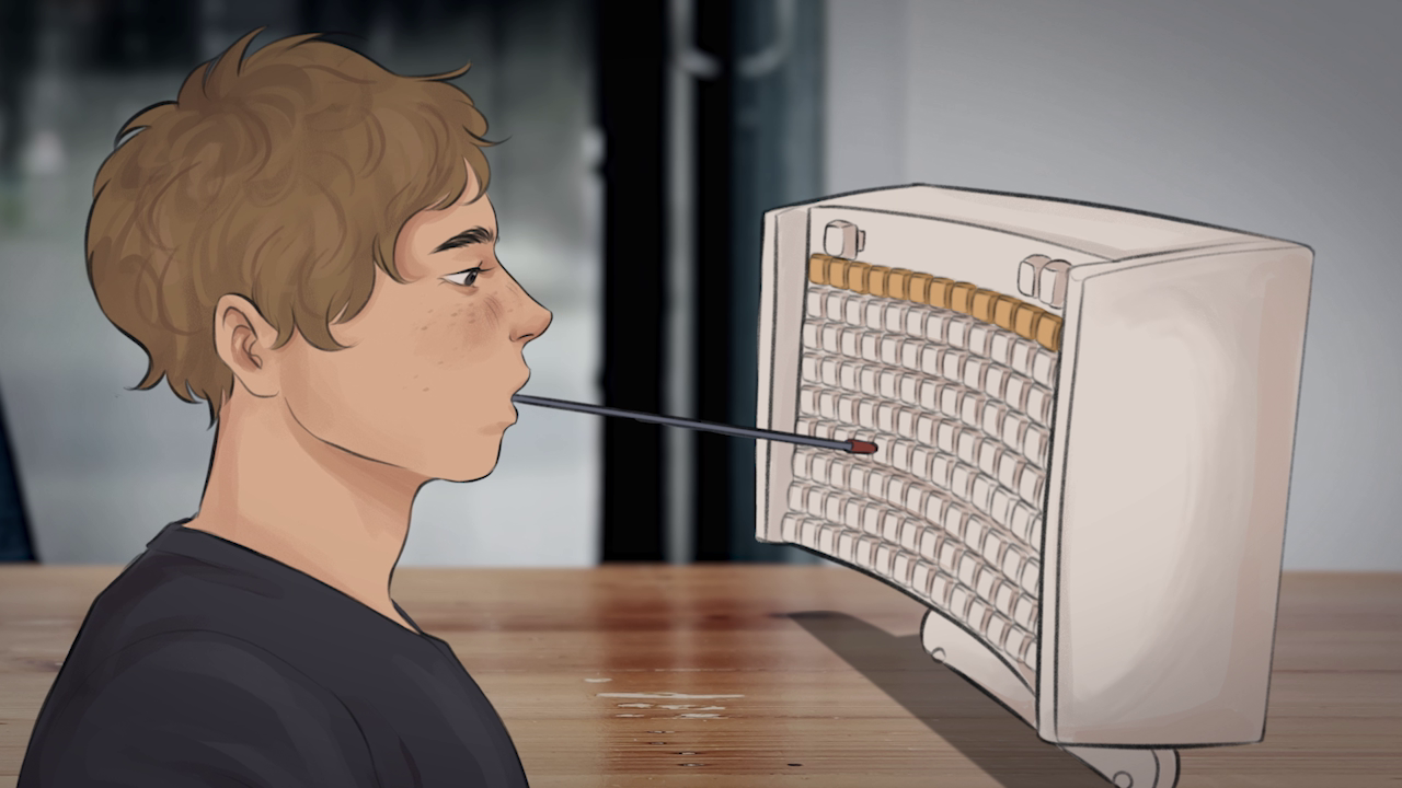 Person with disability typing on a keyboard with a tool held with their mouth