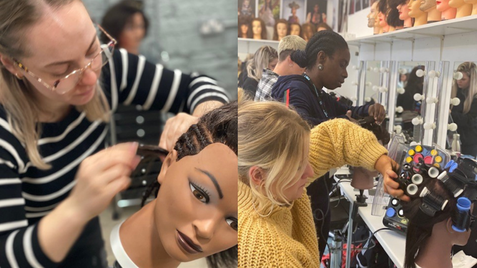 Split image depicting scenes from a hair an make-up training course. On the left, a female student is using a mannequin head to practise her hair braiding technique. On the right, two further female students are setting the hair of their mannequin heads in rollers