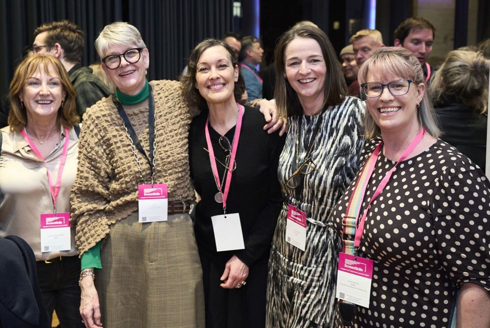 Standing group shot of Jennifer Mcaufield, BBC, Alison Small, Netflix, Bee Devine, Sky Studios, Christine Healy, Keshet UK, Joanne Barnes, Netflix