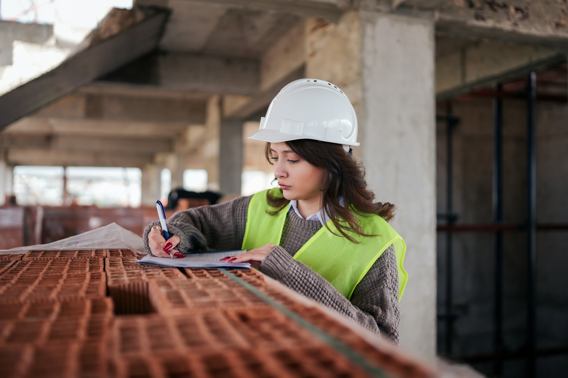 A woman in a white hard hat and yellow Hi-vis jackets leans against a tall stack of bricks to write on a clipboard