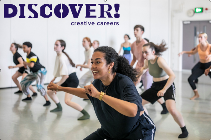 An image of a dance class performing with the Discover! Creative Careers logo in navy in the top left corner