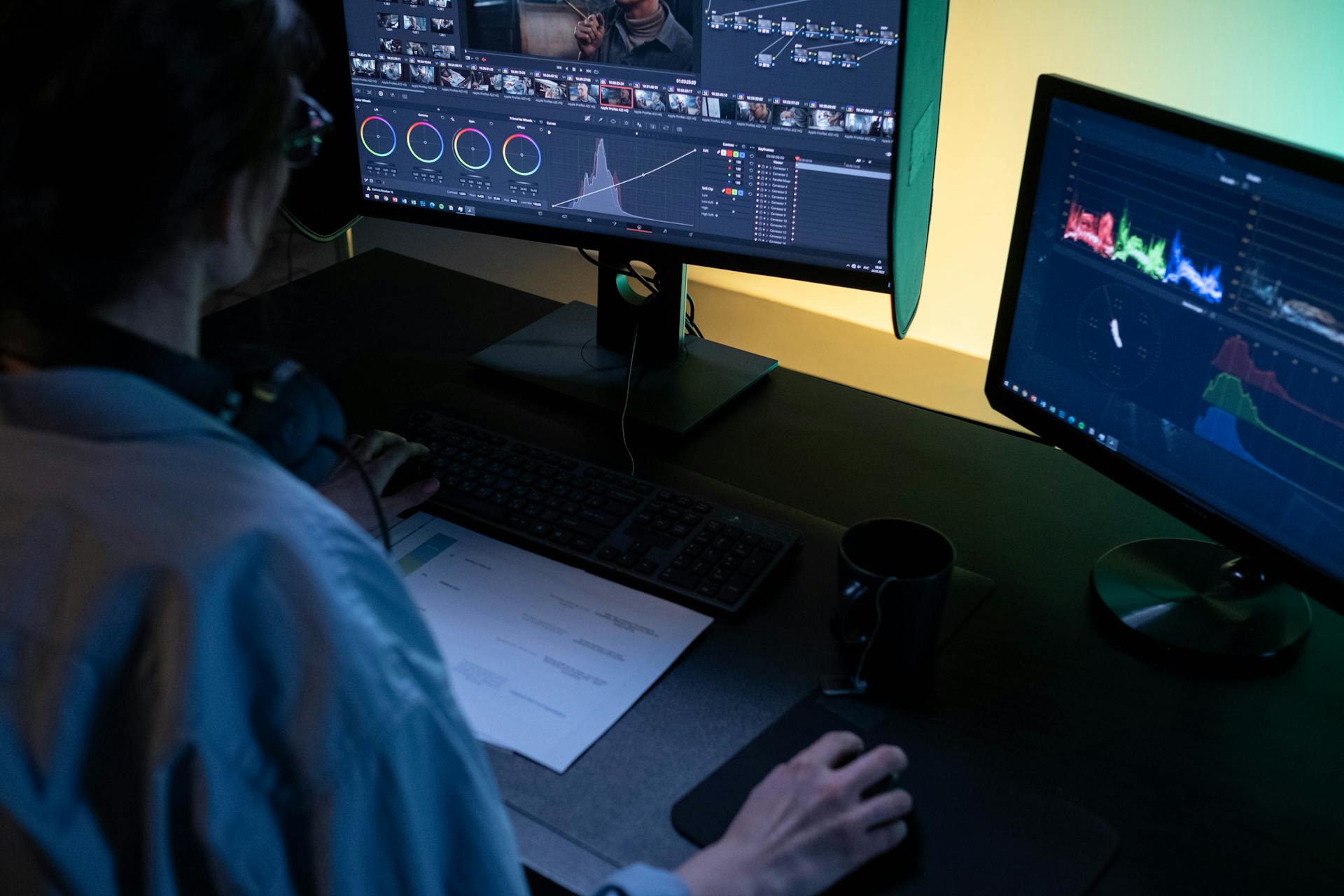 A person sits at a desk in front of two monitors editing the colours of a video onscreen 