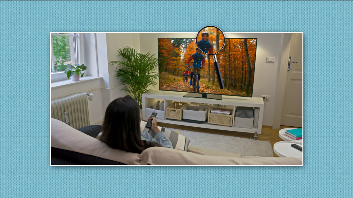 Screenshot from the module showing a person on a sofa watching the TV while holding a remote control