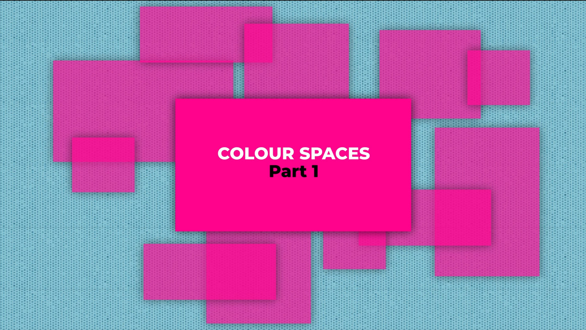 Screenshot of a graphic showing pink squares on a blue background with the words colour spaces part 1 in the centre